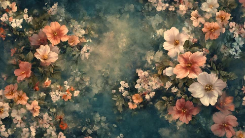 Dense floral arrangement with coral and cream blooms across teal atmosphere