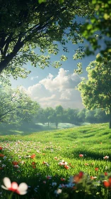 Radiant meadow landscape with volumetric daylight rendering.