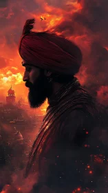 Profile view of turbaned figure against burning skyline.