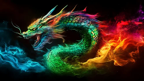 Fiery cosmic dragon coils through glowing rivers of color
