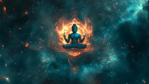 Calm meditating figure floats in glowing cosmic sunrise