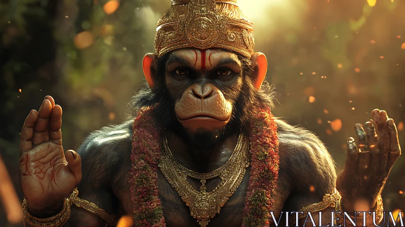 Photorealistic simian deity portrait with ceremonial regalia.