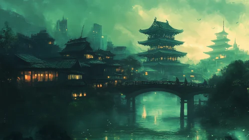 Fog-covered river city with layered pagodas at night.