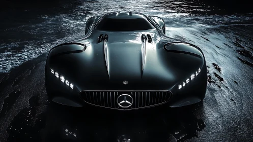 3D hypercar frontal study with reflective coastal lighting.