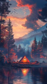 Golden campfire glow welcomes evening by the misty lake