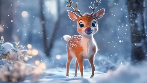 Cute young reindeer glows in soft falling winter snow.