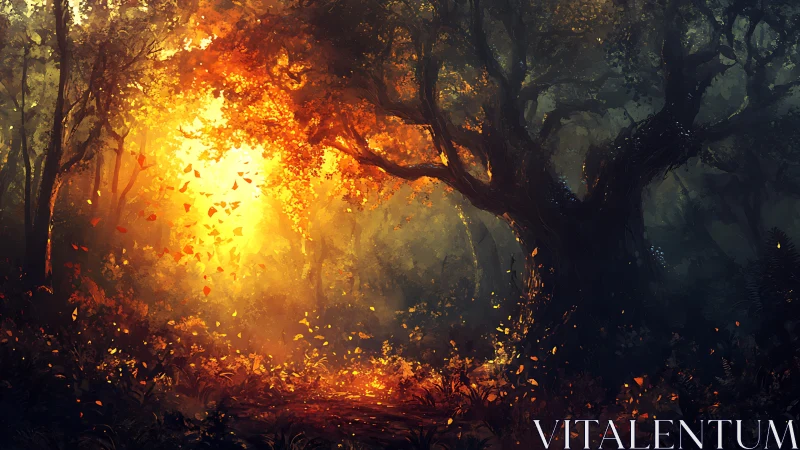 Autumn Forest Blaze: Mystical Woodland Sunset.