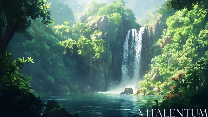 Luminous jungle waterfall with sunlit foliage and lagoon.