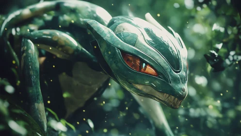 Emerald jungle serpent stalks through glittering forest haze.