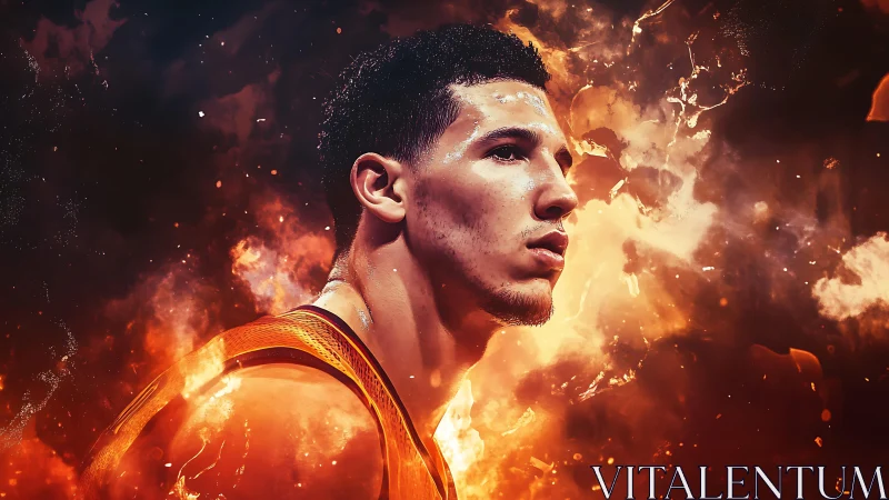 Basketball player portrait in intense fiery atmosphere.