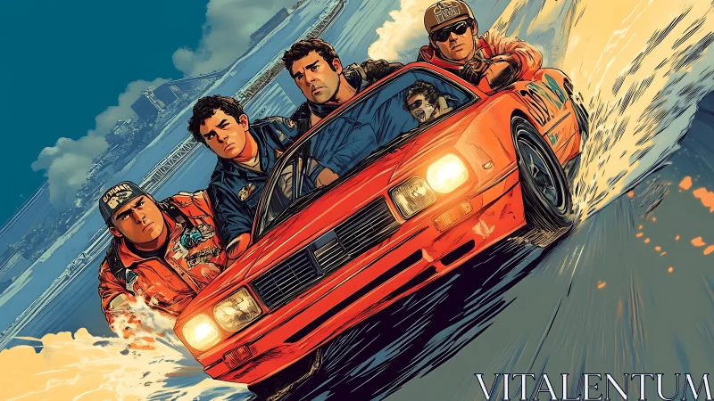 Street racers drift red coupe through blazing waterfront turn.