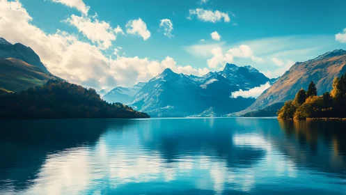 Mountain lake with clear reflections under bright sky.