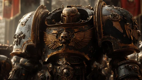 Heavily armored sci fi warrior stands in ornate power suit