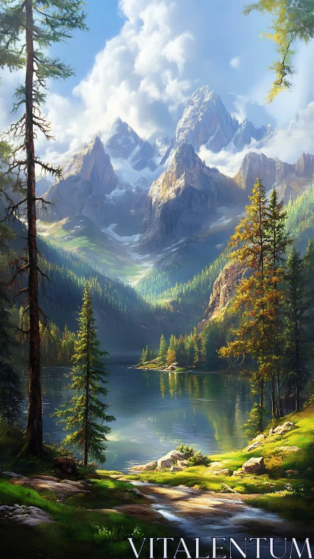 Mountain lake landscape with pine forest and bright clouds.