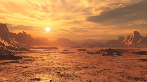 Volumetric sunset over stratified exoplanetary basin terrain.