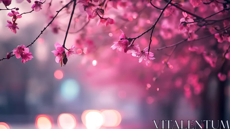 Pink Cherry Blossoms Hanging Branches with Bokeh Lights.