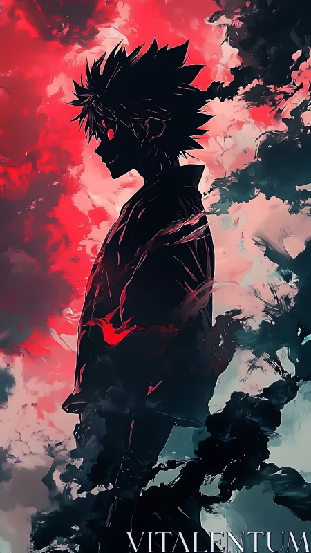 Dark anime silhouette channels crimson storm energy sky.