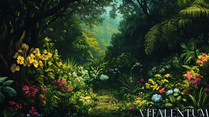 Layered botanical canopy with polychromatic understory florals.