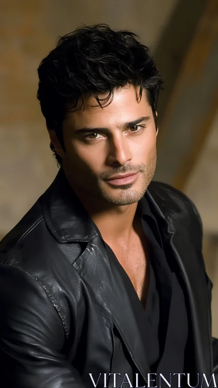 Dark haired man in black leather jacket under soft light