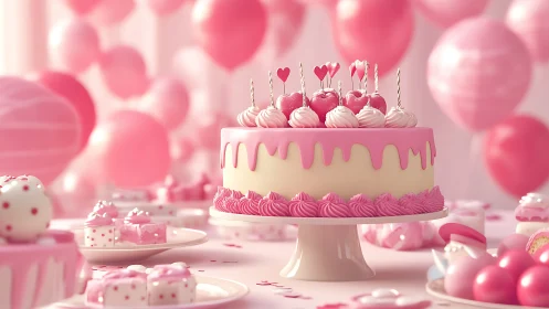 Pink Birthday Cake with Heart Toppers and Festive Balloon Background