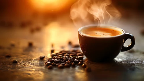 Steaming espresso cup with scattered roasted beans at sunrise