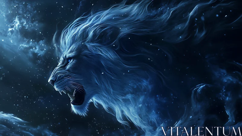 Celestial blue lion roars through swirling cosmic night sky.