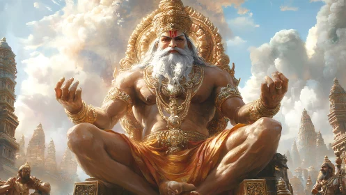 Majestic celestial king seated on golden divine throne.