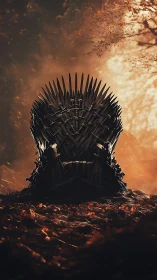 Sword-forged throne dominates cinematic autumn forest scene