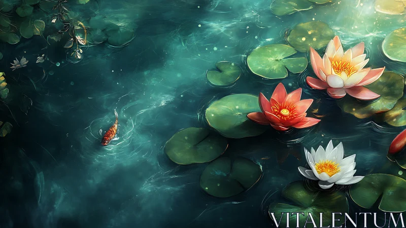 Koi carves quiet ripples beneath lantern-bright waterlilies