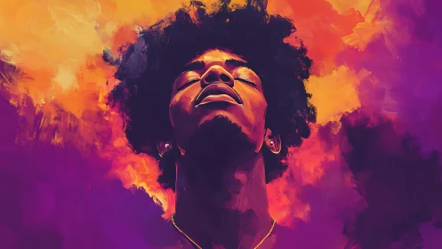 Portrait of serene man rising through vivid cosmic color