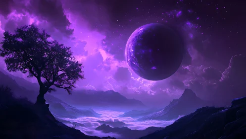 Violet alien moonrise above fog valley under starfield sky.
