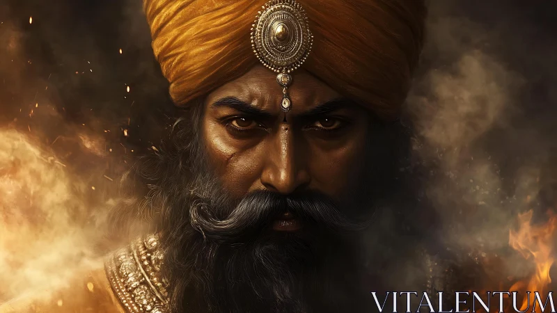 Warrior portrait with jeweled turban amid rising embers and smoke