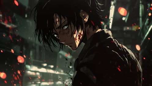 Bloodstained urban loner in cinematic low‑key anime lighting.