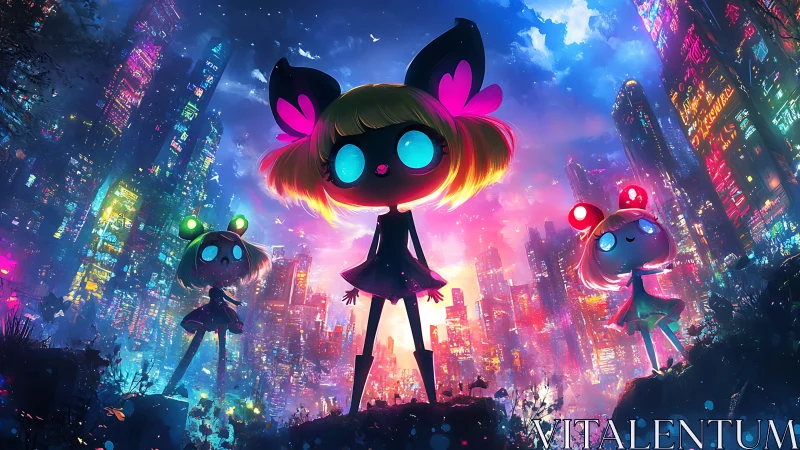 Neon-eyed chibi trio over glowing cyberpunk megacity night.