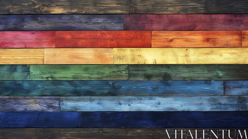 Horizontal rainbow stained wooden planks in rows.
