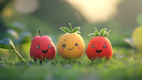 Anthropomorphic fruit trio on grass in soft daylight scene.