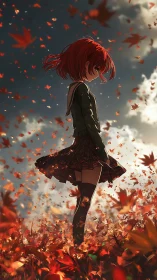Autumn tempest girl stands amid swirling crimson leaves.