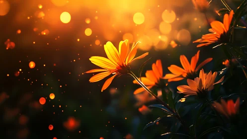 Golden Hour Daisy Bloom with Bokeh Light Particles.