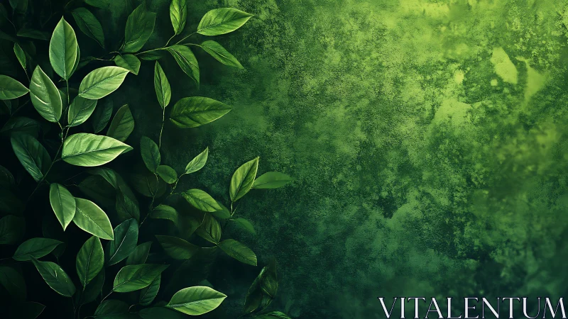 Lush green foliage edges a textured abstract moss backdrop