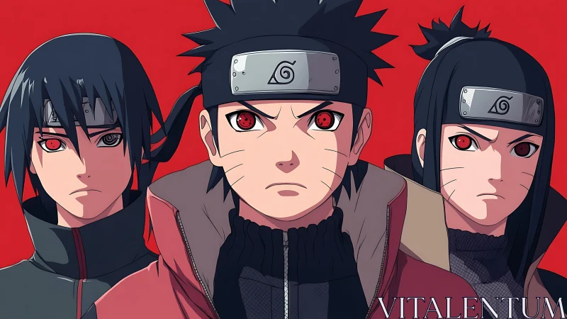 Three headband ninja figures with red eyes on red field.