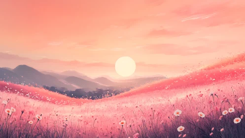 Gentle sunset over rosy wildflower hills of quiet wonder.