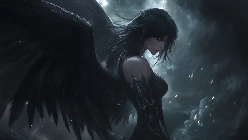 Dark angel figure with black wings in stormy night sky.