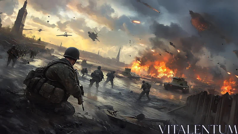 Modern urban battlefield with infantry, armor, and drone airstrike interplay