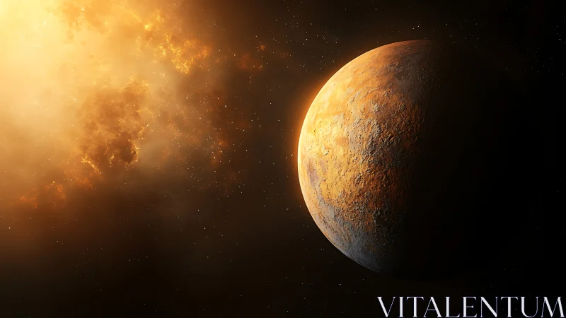 Sun-kissed desert planet quietly sails through embered void