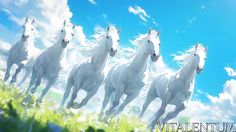 Galloping white horses rendered in luminous anime realism