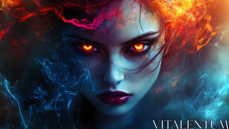 Intense elemental woman portrait with fiery glowing eyes.