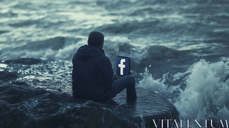 Solitary user on rocky shore with glowing Facebook screen.