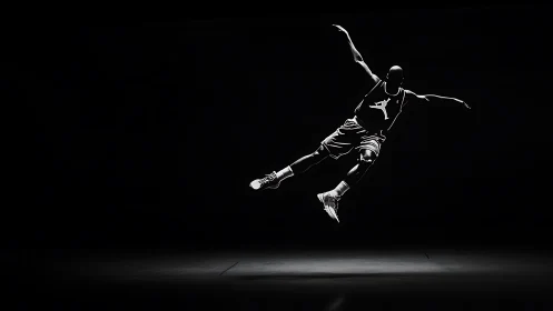 Silhouette basketball jump frozen in stark studio light.