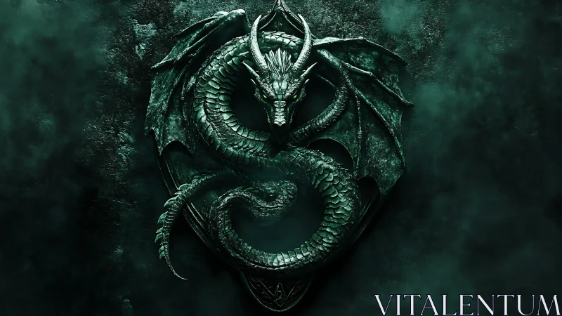 Emerald-scaled dragon emblem coils in cinematic low-key light