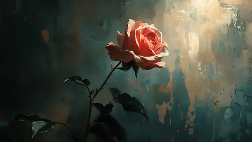 Solitary rose glows against textured teal abstract field.